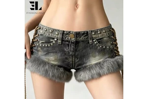 LARSUR Custom Factory Denim Patchwork Faux Fur Jorts Studded Summer Distress Wash Denim Cropped Shorts Pants Trouser for Women