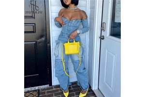 Multi-pocket Washed Cargo Denim Jumpsuit Woman Street Fashion Long Sleeve One Pieces Overalls for Women