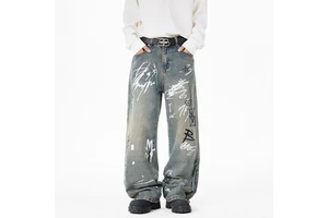 High-end Streetwear Style Graffiti-inspired Denim Pants for Men - New American-style Loose and Casual Straight-leg Pants