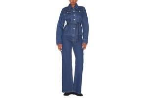 Women's Long Sleeve Belted Jacket Flared Jeans Two Piece Outfit Classic Blue Button Front Lapel Collar Waist Cinching Denim Set