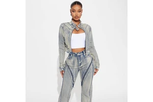 Zipper Denim Jacket Suit Women's Pants Women Sets