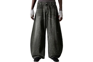 Men's Oversized Black Denim Jeans with White Stripe & Paint Splatter Customized Baggy Trousers