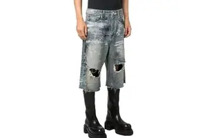 Custom Men's Baggy Denim Jean Shorts Cute Style Straight Jorts with Mid Waist Ripped and Distressed for Summer