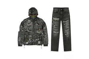 DiZNEW 2025 Men's Winter Denim Jean Jacket Unique Stylish Design Torn Hole Effect High-quality Denim Jacket Paired Jeans Set