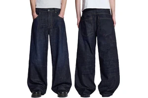 High Quality Customized Logo Print Men's Heavyweight Denim Baggy Fashion Jeans Loose Straight Distressed Knitted Wide Leg Flared