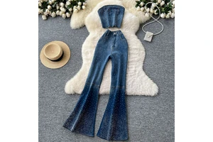 Women's Denim Sets Sequined Ladies' Denim Suit Sleeveless Racerback Top & High-Waisted Flared Pants Fashionable