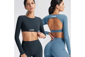 Custom Brand Logo Buttery Back Hollow Out Long Sleeve Sports Top for Women Training Fitness Pilates Crop Tops