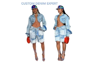 New Design Distressed Washed Spring Summer Women Denim Jacket Sets Ladies Long Sleeve And Jean Shorts Sets Wholesale