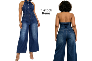 Wide Leg Denim Jumpsuit Women Halter Neck Sexy Backless Button Down Overalls Trendy Lapel One-Piece Jean Outfit