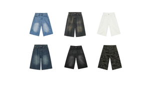 Men's Summer Korean Style Casual Loose Wide Leg Mid-Rise Washed Denim Cropped Jeans Trendy Denim Shorts Jorts
