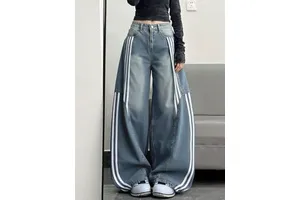 Women's Retro Side Stripe Wide Leg Jeans High Waist Loose Denim Pants Casual Streetwear Trousers