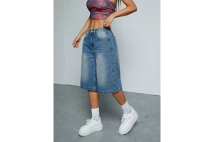 Women's Straight-Leg Denim Shorts Washed with Frayed Edges Distressed Dark Blue Straight-Leg Loose Mid-Rise Pants