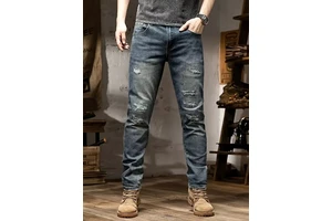 New Ripped Jeans for Men Korean Style Washed Trendy Stretch Slim Fit Casual Skinny Long Pants for Men