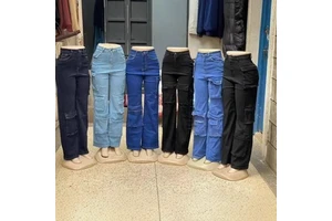 Women's Casual Vintage Denim Jeans with Mid Waist Button Decoration and Multi-Pockets Long Pants for Summer-Wholesale