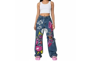 New Arrival Breathable Y2K Star Print Mid Waist Wide Leg Loose Streetwear Summer Autumn Women's Retro Denim Cargo Hip Hop Casual