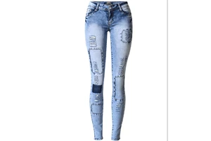 Women's Stretch Mid-Waist Skinny Flare Pants Dark Wash Jeans Holes Breathable Streetwear Plus Size Design Featuring Logo Waist