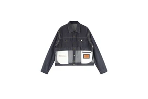 Women's Gothic Custom Logo Asymmetric Jacquard Denim Jacket Shredded Crop Long Sleeved Jeans Button Casual