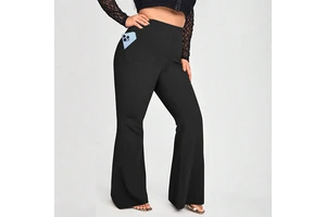 High-Waist Yoga Pants Frayed Edges Pockets 1XL-5XL Plus Size Solid Pattern High Elasticity Casual Flared Leggings Logo Waist