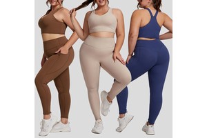 European American Nude-Feel Plus-size Women's High-end Tight Solid Sets Yoga Suit Spandex/Nylon Elastic Waist Two-piece Pockets