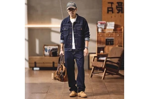 Custom New Raw Denim Men's Suit Jacket Long-Sleeve Winter Sporty Style Medium Wash 2 Piece Denim Set Quick Dry Eco-Friendly