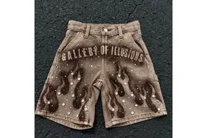 High Waist Custom Distressed Sun Faded Acid Wash With Rhinestone And Custom Printing Baggy Oversized Denim Jeans Shorts Jorts