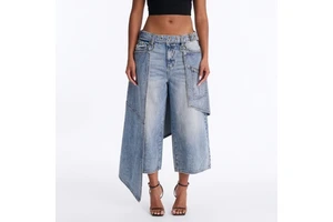 OEM/ODM Women's Skirt Overlay Wide Leg Jeans Low Waist Y2K Distressed Denim Pants Asymmetrical Hem Layered Design Vintage Wash
