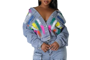 Custom Women's Printed Denim Jacket Streetwear Knitted Fabric Paint Design Summer Autumn Winter Ready Breathable Quick Dry