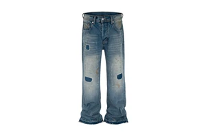 Custom Denim Jeans Manufacturer Vintage Blue Washed Hand Distressed Straight Leg Baggy Jeans Men