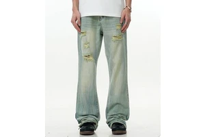 New Arrival High Quality Ripped Stretch Custom Logo Denim Vintage Pants Distressed Straight Baggy Washed Flared Jeans for Men
