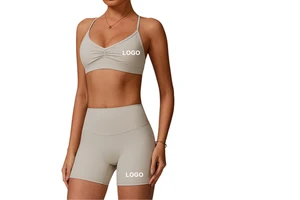 Custom Front Nude Tight Gym Yoga Wear Fitness Sports Bra Leggings 5 Pcs Solid Blank Workout Sets High Elastic Waist Anti-Wrinkle