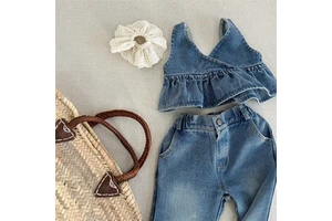 2026 Spring/Summer Children's Korean-style Set Girls' Denim Vest + Flared Jeans Set