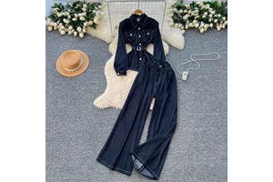 2026 Two Piece Ladies Set Women's Denim Set Belted Long-Sleeve Top Wide-Leg Pants Chic Piece Outfit Two-piece Suit Women's