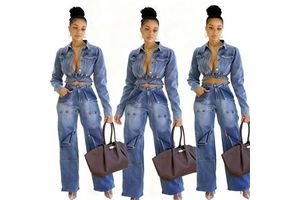 Fall Women's Stretch Denim 2 Piece Set Fashion Multi-Pockets Full Sleeve Ruffles Crop Jacket+Jeans Trouser Matching Sets