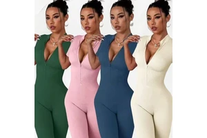 Women's Casual Solid Short Sleeve Yoga Jumpsuit High-Intensity Fitness Training Outdoor Sports One-Piece Suit New Summer