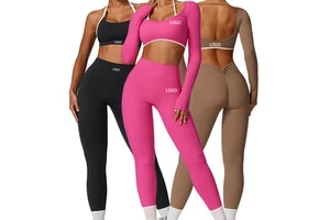OEM ODM 3 Piece Long Sleeve Butt Lifting Fitness Yoga Sports Bra Leggings Set Gym Active Wear Suit for Women Gym Fitness Sets