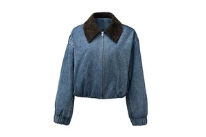Jancoco New Arrival Genuine Leather Collar Denim Jacket Spring Autumn Custom Gathered Hem Jean Outwear for Women