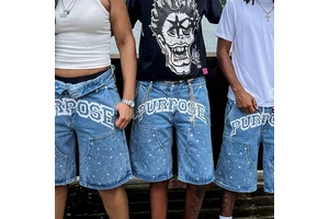 Manufacturer Custom Streetwear Crystal Rhinestone Vintage Sun Faded Distressed Embroidery Patch Men's Denim Jeans Shorts