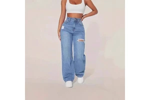 Washed and Torn Out Long Jeans for Women in Cross-border Foreign Trade European and American Style