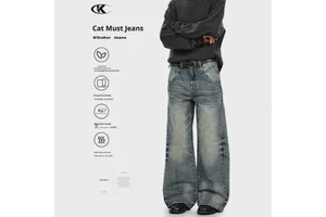 11KN Manufacturer Custom American-style Whiskered Denim Jeans Men Vintage Medium Wash Blue Faded White Loose-fit Casual Trousers