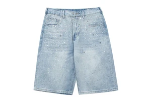 Custom Manufacture High Quality Washed Women's Baggy Denim Short With Custom Sparkling Rhinestone Design Pattern Vintage Jorts