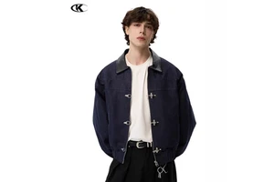 Wholesale Custom Men Denim Jacket Vintage Contrast PU Collar Blue Oversized Jean Coat Streetwear Outerwear OEM ODM Custom Logo