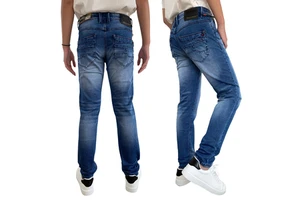 Men's Slim Fit Washed Blue Denim Jeans, Retro Faded Stretch Denim Pants, Multi-Pocket Embroidered Casual Trousers for Daily