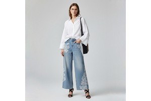 Ladies High-Waist Breathable Eco-Friendly Vintage Summer Loose Fit Denim Jeans Casual Style Light Blue Wide-Leg Floral Printing