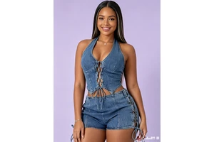New Summer Women Halter Lace up Backless Sleeveless Denim Suits Casual Cool Girls Women Clothing Jeans Shorts 2 Piece Set