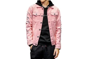 New Arrivals Stylish Casual Men's Denim Jackets Solid Dark Blue Distressed Long Sleeved Multi Pocket 100% Cotton Eco-Friendly