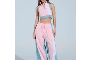 OEM Women 2 Piece Set New Casual Webbing Loose Patchwork Denim Wide-leg Pant and Sleeveless Top Two Piece Suit for Women
