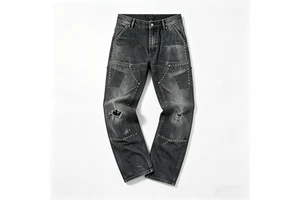 Men's Ripped Black Denim Jeans with Rivet Detailing and Vintage Wash Straight Leg Baggy Fit Streetwear Casual Trousers Wholesale