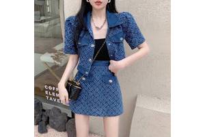 Autumn Fashion Retro Short Denim Jacket Suit High Waist Slim Pleated Skirt Denim Cardigan Two-piece Suit for Women
