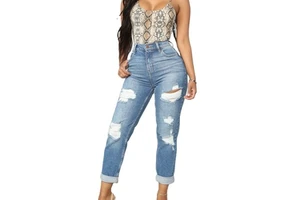 Hot Selling Women Distressed Denim Jeans High Waist Blue Wash Ladies' Skinny Ripped Jeans