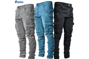Men Denim Jeans Pant Cargo Casual Trousers Multi Pockets Jeans Pant Men's Denim Pants Side Pocket Small Trouser Leg Skinny Jeans